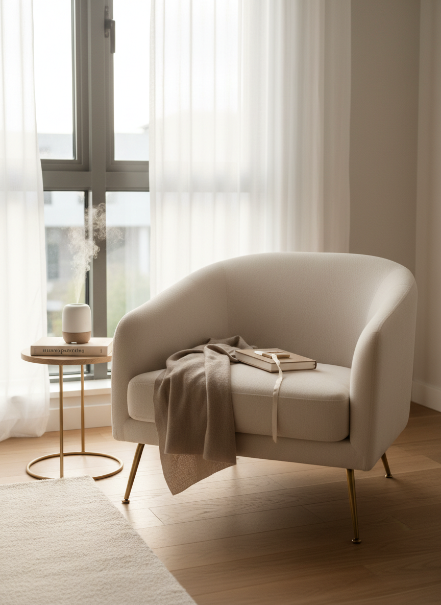 An inviting, low-profile cream bouclé armchair with curved arms and brass legs positioned near a tall window, draped with sheer white curtains that filter soft afternoon light. On the chair’s seat lies a folded cashmere throw in muted taupe and a closed, linen-bound journal with a delicate ribbon bookmark. A small round side table with a pale oak top holds an aromatherapy diffuser emitting a faint, visible mist and a single, neatly stacked parenting book with a minimalist cover. The wooden floor has a light matte finish, and a plush wool rug appears at the edge of the frame. Photographic realism, shot at eye level with the armchair aligned on the rule of thirds, creates a serene, aspirational atmosphere of rest, reflection, and soft luxury in a modern mother’s sanctuary corner.