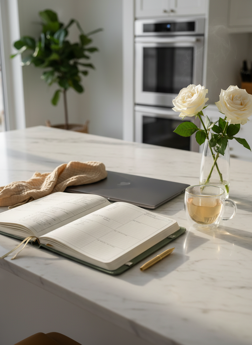 A neatly arranged marble-topped kitchen island styled as a command center of modern motherhood, featuring an open linen-textured planner, a slim gold pen, a sleek closed laptop, and a single folded muslin baby blanket in soft beige. A glass vase with a few white garden roses sits to the side, and a double-walled glass mug of herbal tea rests nearby. Soft morning sunlight pours through an unseen window, creating gentle reflections on the marble and subtle shadows along the planner’s edge. Photographic realism from a slightly elevated, eye-level angle with a shallow depth of field keeps the foreground crisp while leaving the background of a minimalist, high-end kitchen softly blurred. The mood is calm, organized, and quietly luxurious, evoking balance, intention, and understated sophistication.