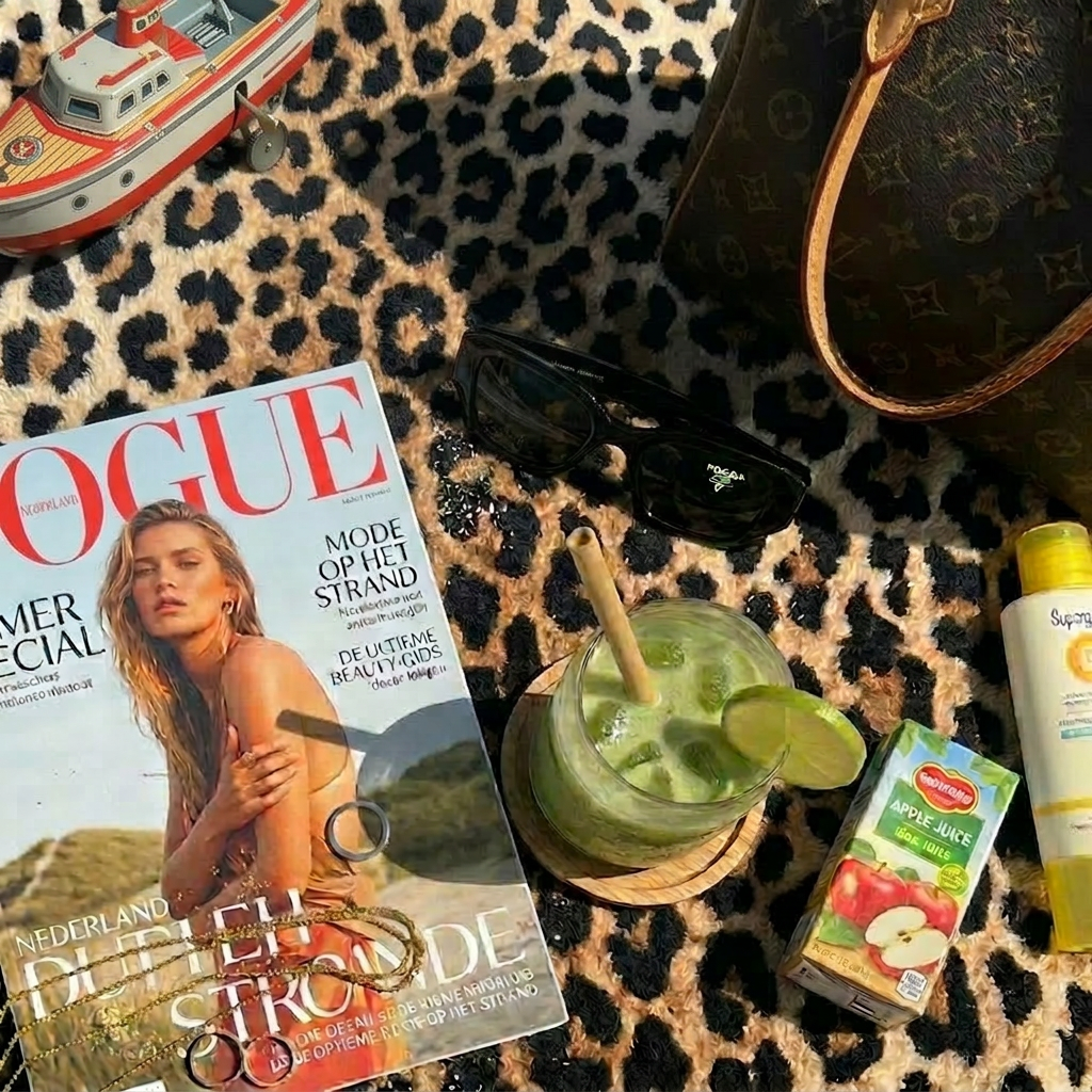 Beach essentials with refreshing iced drink Sunglasses, fashion magazine, jewelry, and iced green drink on beach towel